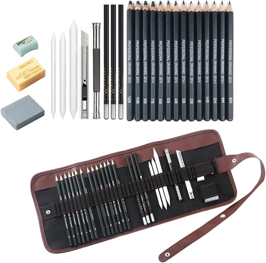 Drawing Pencils, 24pcs Sketching Pencils Set with Graphite Pencils 12B 10B 8B 7B 6B 5B 4B 3B 2B B HB 2H 4H 6H and Charcoal Pencils for Drawing, Gift for Beginners or Artists
