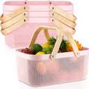 Sadnyy 4 Pcs Plastic Mesh Garden Harvest Basket Storage Basket with Wooden Handle Multi Functional Mesh Bin for Kitchen Cabinet Picnic Fruit Vegetable Gathering Organizer(Large,Pink)