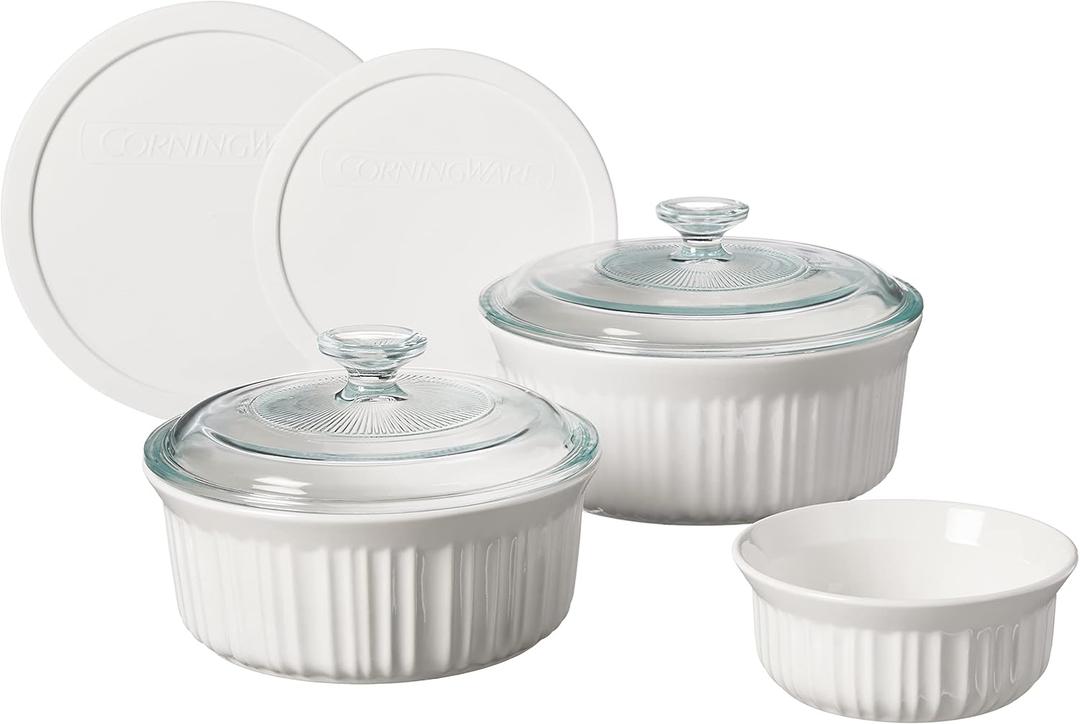 CorningWare French White 7 Pcs Ceramic Bakeware Set with Lids Chip and Crack Resistant Stoneware Baking Dish, Microwave, Dishwasher, Oven, Freezer and Fridge Safe