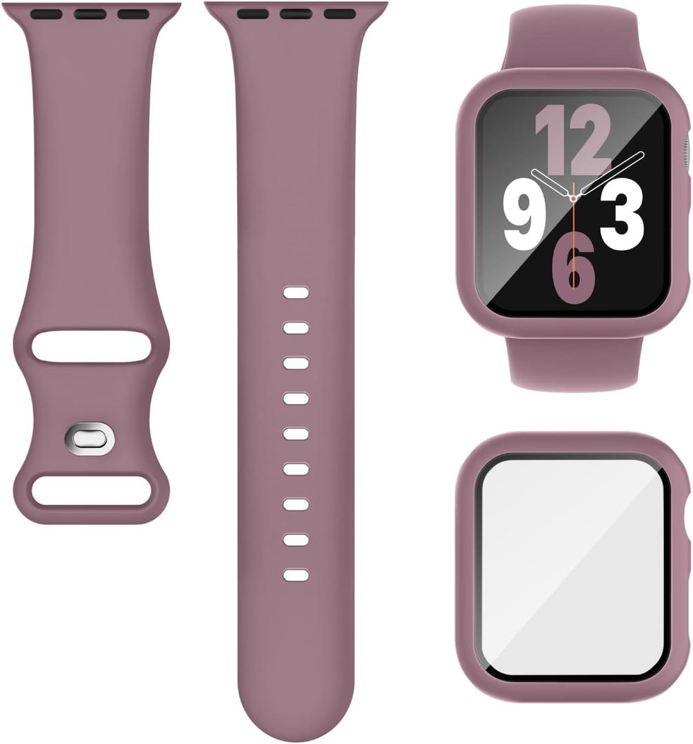 Compatible for Apple Watch Series 11 10 Band 46mm and Case with Screen Protector, Soft Silicone Sport Strap Bands and Protective Cover with Tempered Glass for iWatch Series 11 10 (Smoke Violet)