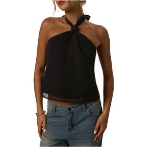 MAKEMECHIC Women's Tie Back Halter Tops Mesh Swiss Dots Knot Backless Sleeveless Tank (Black, XS)