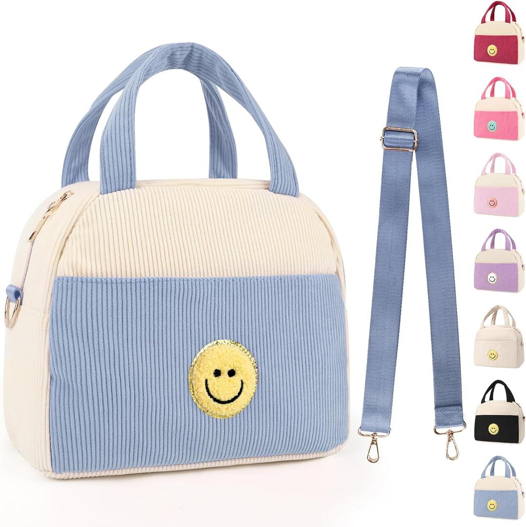 Kids Lunch Bag Lunch Box for Teen Girls Boys Back to School, Cute Preppy Lunchbox With Adjustable Shoulder Strap, Insulated Corduroy Lunch-Boxes Lunch-Bags for Women Work Picnic (Blue)