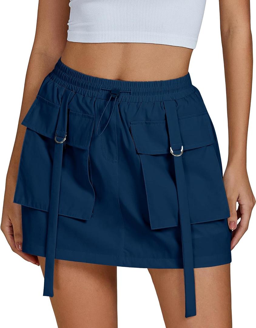 luvamia Skorts for Woman High Waisted Cargo Pocket Elastic Waist Fast Dry Casual Hiking Tennis Sports Skirts with Shorts (Medium, Midnight Blue)