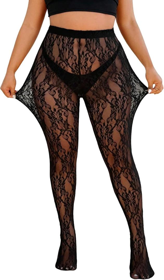WDIRARA Women's Plus Size Lace Mesh Sheer Tights High Waisted Stockings Pantyhose (X-Large Plus, Black)