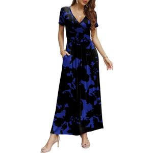CATHY Women Short Sleeve Deep V-Neck Casual Long Dress Pleated Waist Maxi Dresses with Pockets, XL, Short Purple Flowers