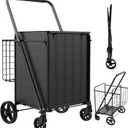 Foldable Shopping Cart with Waterproof Bag, 360 Swivel Wheels & Double Basket, 300lbs Capacity for Groceries, Heavy Duty Utility Grocery Carts for Shopping, Laundry, Camping, Luggage