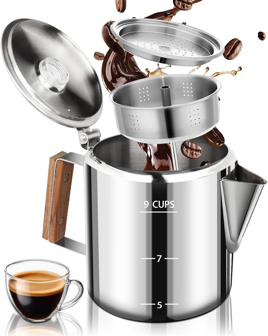 Coffee Maker Coffee Percolator 304 Stainless Steel Pot Stovetop Easy Brewing Even Heating 9 Cup 50.7oz 1500ml Silver Classic Design Heat Resistant Home Camping Outdoor