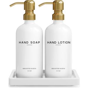 Luxury Glass Soap and Lotion Dispenser Set with Tray by Brighter Barns - Hand Soap Dispenser Bathroom Set & Stainless Steel Pump for Home or Airbnb - White and Gold Bathroom Accessories & Decor (Gold)