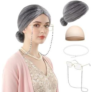 RSOEUG Old Lady Costume for Women, 5 PCS Kids 100 Days of School Grandma Wig Costume Halloween Girls Adults Cosplay Accessories Set (Gray Bun)