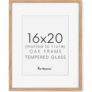 Fun Memories 16x20 Picture Frame for Wall, 16 x 20 Solid Oak Wood Frames, Tempered Glass, 16x20 Picture Frame with Mat for 11x14, 16 by 20 Wood Frames, 16 x 20 Matted Poster Frame, Natural Oak Color