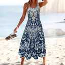 Women's Maxi Dress Summer Sleeveless with Round Neckline and Floral Print Fashionable ResortStyle Beach Dress Large