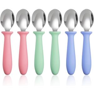 Pimoys 6-Pack Stainless Steel Toddler Spoons Baby & Kids Utensils for Self-Feeding Plastic Handle Dishwasher Safe