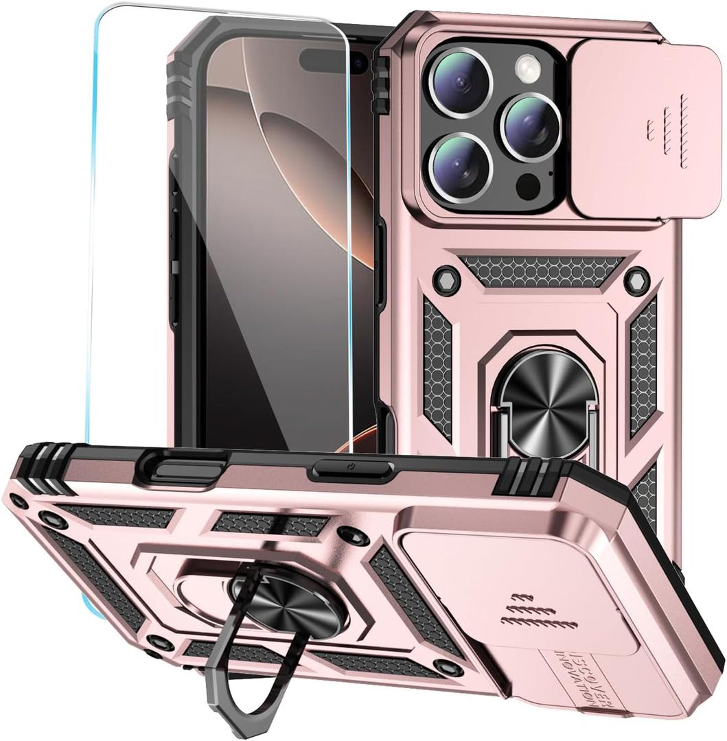 SunStory Phone Case for iPhone 16 Pro Case with HD Screen Protector & Slide Camera Cover & Rotated Ring Kickstand, [Military-Grade] Phone Case for iPhone 16 Pro 6.3" (Rosegold)