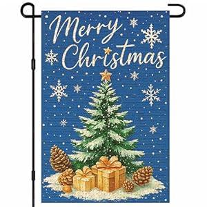 IVN Merry Christmas Tree Santa Garden Flag 12x18 Inch Double Sided Blue Star Gift Boxes Snowy Pinecones Outdoor Small Burlap Holiday Christmas Decorations Yard Flag for Outside Winter Xmas Decor