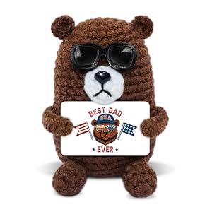 2 x Best Dad Ever Gifts - Handmade Positive Crochet Animals Bear with Card - Fathers Day Birthday Gifts for Dad from Daughter Son, Funny Bear Gift for Dads, Stepdad Father Gift, Table Desk Decor (Brown - Patriotic Dad)