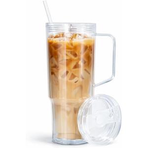 40 oz Tumbler with Handle and Straw, Clear Acrylic Cup, Double Wall Insulated Reusable Cold Drink Cup with Lid, Leakproof Travel Mug