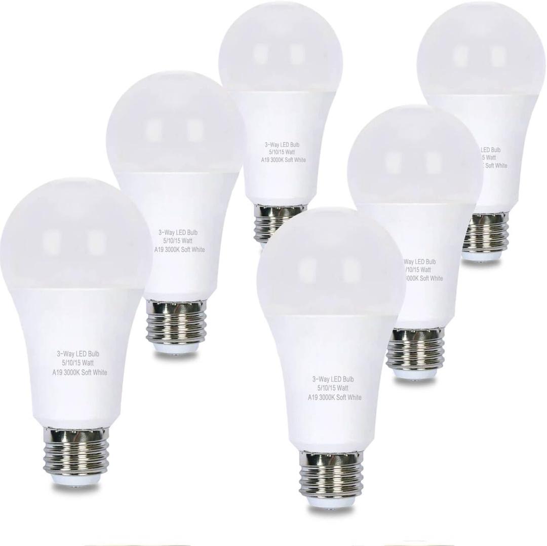 6 Pack 3-Way LED Light Bulb 50W/100W/150W Equivalent, 3000K Soft White, 3-Level Dimmable (Low/Medium/High), E26 Base, A19 15W Energy Saving Bulbs, Flicker-Free, for Table Lamps Floor Lamps
