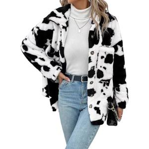 HBER Women's Casual Faux Fur Jacket Trendy Long Sleeve Button Up Cow Print Autumn Winter Loose Sherpa Fur Coats with Pockets M