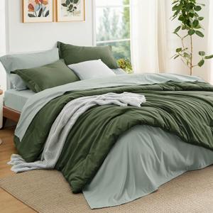 Bedsure King Size Comforter Set - 7 Pieces Olive Green King Bedding Set for All Seasons, Boho Contrasting Design Bed in a Bag with Comforter, Sheets, Pillowcases & Shams