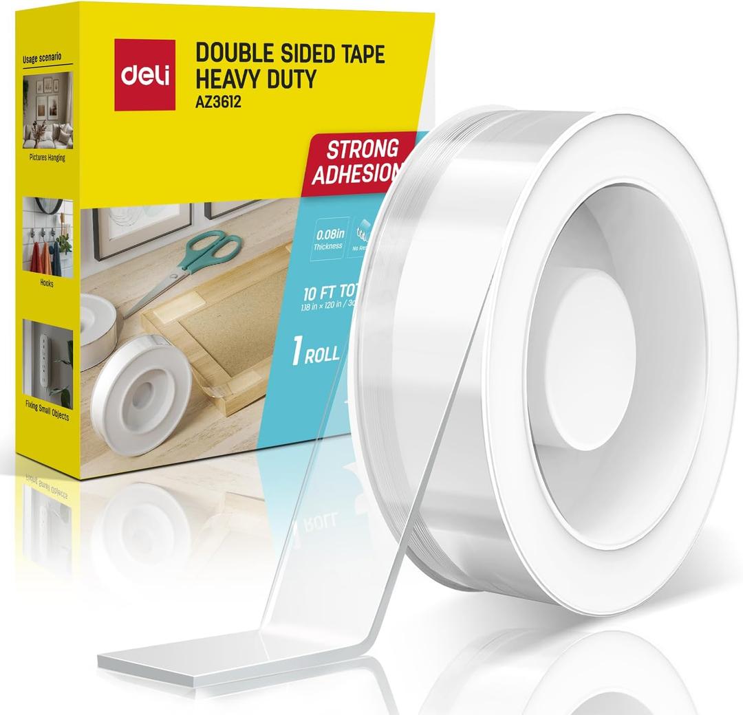 deli Double Sided Tape Heavy Duty, Nano Tape, Double Sided Mounting Tape, Clear Adhesive Tape for Hanging Picture, Poster, Carpet, Photo Deco, 10 Feet