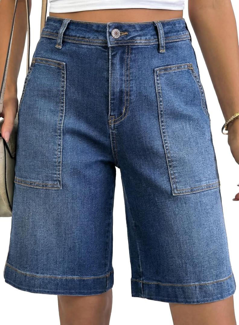 Astylish Summer 2026 Wide Leg Jorts Shorts for Women High Waisted Stretchy Denim Short Pants Casual Bermuda Jean Trousers with Pockets Beau Blue Size 8