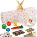 HERCOCCI Rabbit Toys, Bunny Tunnels & Tubes, Collapsible 3 Way Rabbit Hideout Tunnel with Chew Toys for Bunny Guinea Pig Ferret Kitten (White)