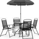 Flash Furniture Nantucket 6-Piece Patio Dining Set with Glass Table, 4 Folding Chairs, and Umbrella, Outdoor Patio Set, Black