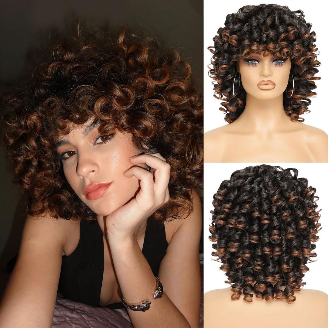 Short Curly Wig with Bangs，Full Loose Curly Wigs for Black Women Big Curly Wig Soft Fluffy Natural Synthetic Hair for Daily and Party (Ombre Brown)