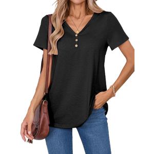 Women's V-Neck Short Sleeve Top T-Shirt Stretchy Relaxed Fit Blouse Lightweight Casual Loose Top Summer Travel (Black), Small