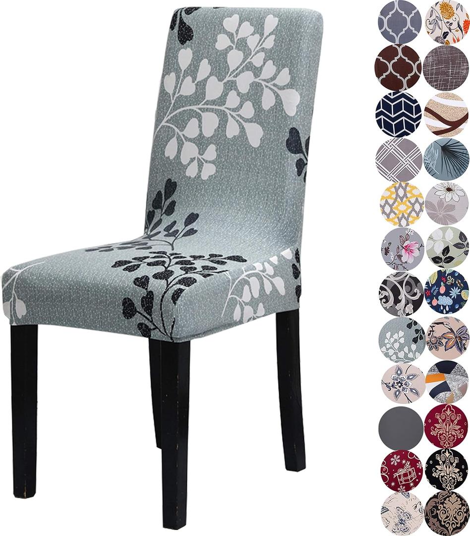 Chair Covers for Dining Chairs Set of 4, Stretchy Soft Parson Chair Covers Removable Washable Kitchen Dining Room Chair Slipcovers with Elastic for Universal Fit (Gray ginkgophyta)