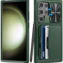 Case for Samsung Galaxy S23 Ultra Case with Card Holder (Store 4-5 Cards) & Kickstand & Slide Lens Cover, Military Grade Drop Protection, Rugged Silicone Wallet Case for Samsung S23 Ultra, Green