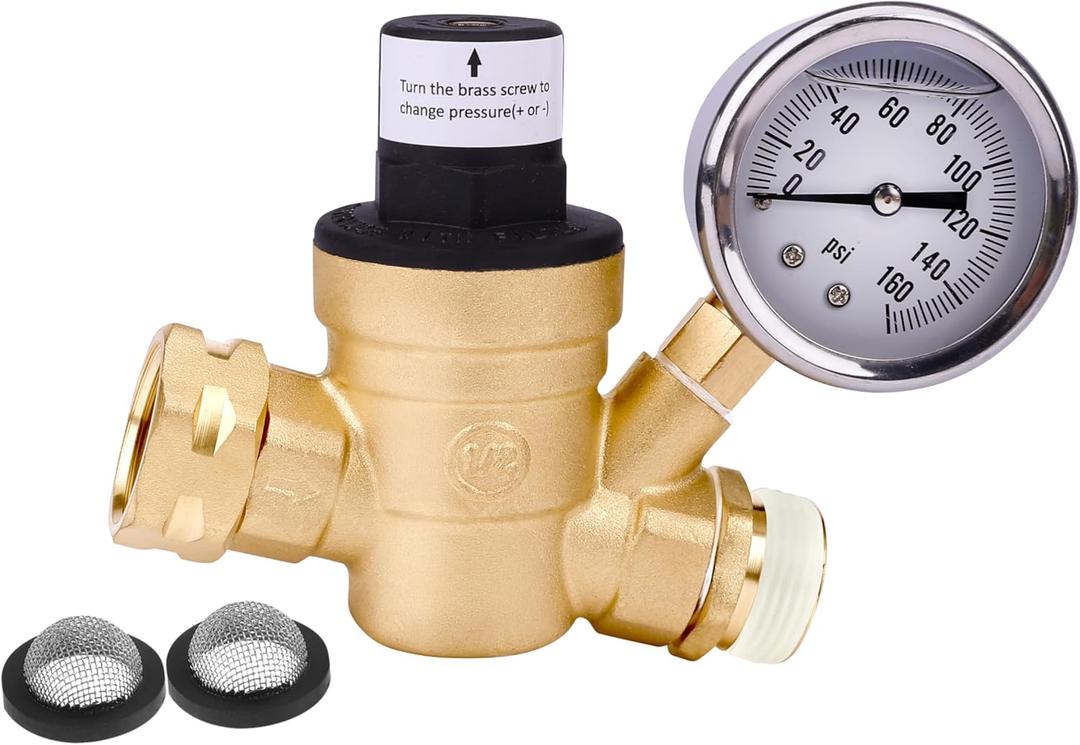 RV Water Pressure Regulator with Gauge Adjustable 3/4" Water Hose Valve - RV Camper Water Pressure Regulator, Trucks, Trailer - Trailer Water Pressure Gauge