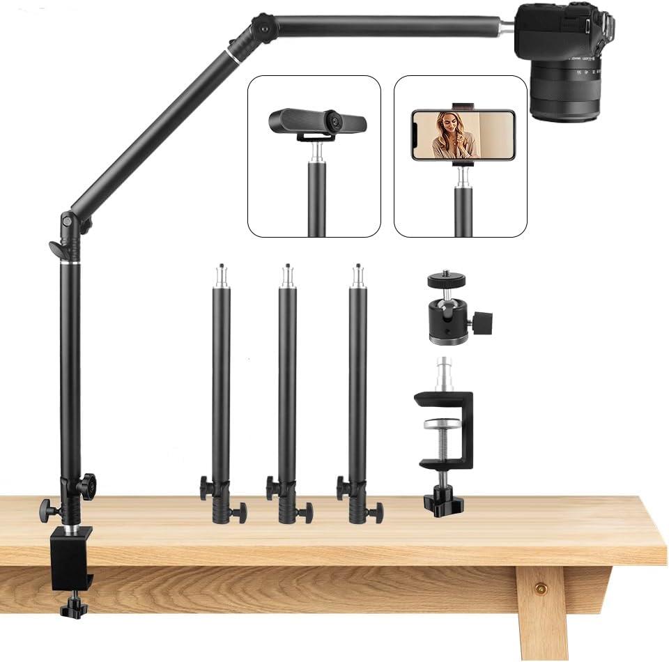 Heavy Duty Overhead Camera Desk Mount Stand 14.5"-41" with 1/4" Screw, 3-Section 360Rotatable Detachable Articulating Boom Arm with Enlarged Handle C Clamp, Tabletop Light Stand for Streaming Vlog