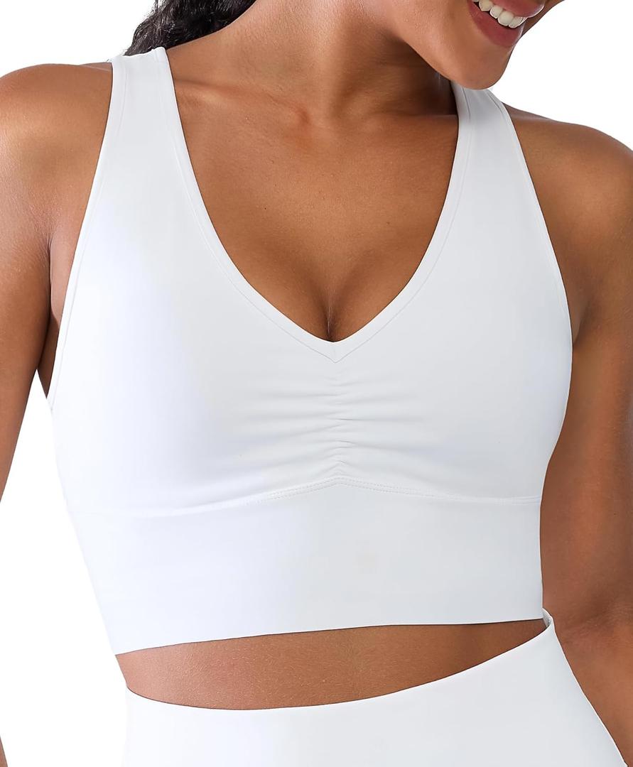 BRXL Medium Support Long Line Sports Bra with Removable Pads Ruched Crop Tank Top Workout Gym V Neck Racerback Buttery Soft