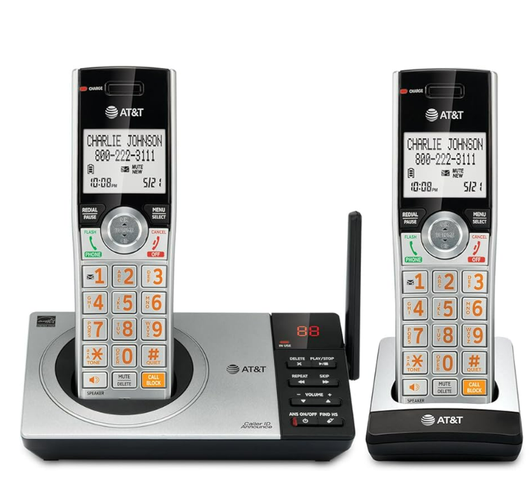 AT&T CL82407 DECT 6.0 2-Handset Cordless Phone with Smart Call Blocker, Answering Machine, Caller ID Announce, Long Range, Expandable, Silver/Black