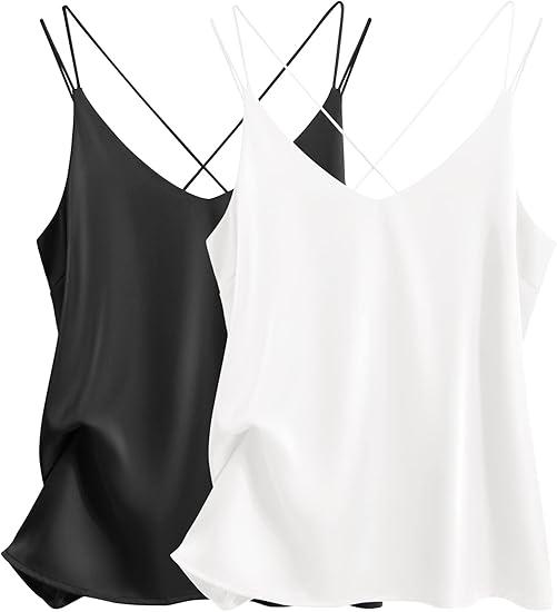Ekouaer Womens Silk Satin Camisole Tank Tops V Neck Spaghetti Strap Blouses Cross Back Sleeveless Cami Shirt S