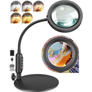 30X 10X Magnifying Glass with Light and Stand, 5 Color Modes Stepless Dimmable, Optical Grade HD Lens, LED Lighted Magnifier Hands Free with Flexible Gooseneck for Close Work, Craft, Hobby, Painting