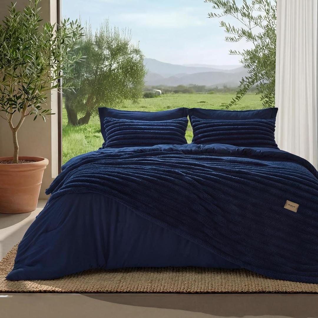 Bedsure Gentlesoft 2-in-1 Twin Comforter Set and Detachable Fluffy Blanket, Navy Blue Bedding Set for All Season Use, Detachable Design for Space Saving (Includes 1 Pillow Sham, 1 Pillowcase)
