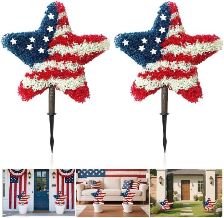 PakaLife 2PCS Front&Back Porch Decor Outdoor Entrance,Patio Decorations Outdoor Clearance,Artificial Red White and Blue Decoration Shaped Topiary Trees for Front Porch Home Garden Patio Decor (Faux Boxwood Bush Plants  Pattern 22pcs)