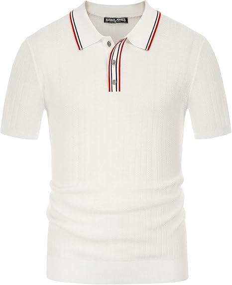 PJ PAUL JONES Mens Shirts Casual Stylish Short Sleeve Zipper Knitted Polo Shirts for Men Collared T Shirt Summer White 2XL