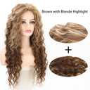 Fencca Brown Highlights Long Curly Wigs for Women Heat Resistant Synthetic Hair Brown Mixed Blonde Wave Curly Wig