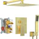 10 Inch Shower Faucet Set, Rainfall Shower System with Square Fixed Rain Shower Head and High Pressure Handheld Shower Head, Wall Mounted Rainfall Shower Fixtures, Brushed Gold