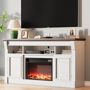 GarveeHome 58" Farmhouse Electric Fireplace TV Stand for TV Up to 65", Entertainment Center with 30'' Fireplace, Console Table TV Cabinet with Open Storage Shelves for Living Room (White)