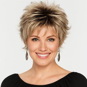 Layered Short Blonde Pixie Wigs for White Women Dark Brown Ombre Blonde Pixie Cut Wig with Bangs Synthetic Natural