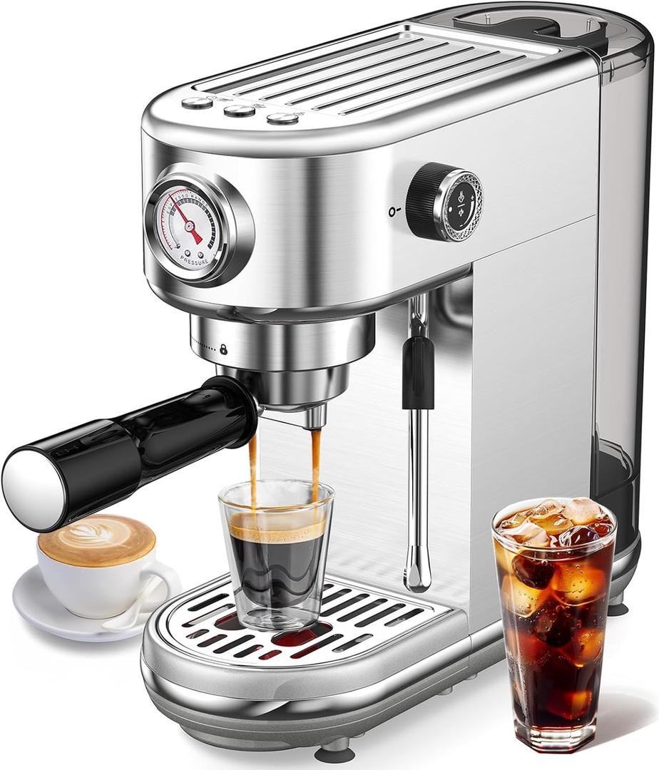 Espresso Machine with Milk Frother, 20 Bar Pressure Espresso Maker, Automatic & Manual, Compact Stainless Steel Coffee Machine for Cappuccino, Latte, Gift for Coffee Lover, Dad or Mom, Silver