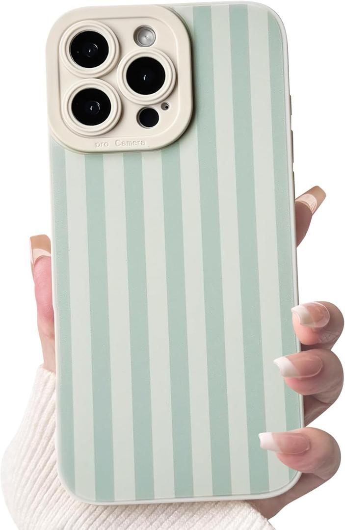 NITITOP Compatible with iPhone 16 Pro Case Cute Stylish Line Stripe Pattern Design for Women Girls Soft TPU Shockproof Full Camera Protective Phone Cover - Light Green