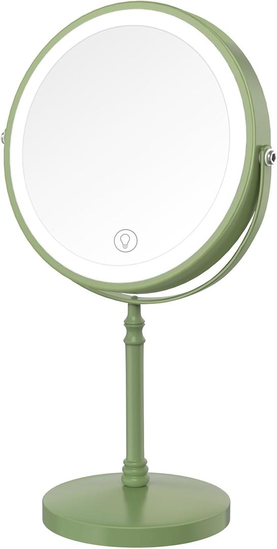 Lighted Makeup Mirror, 3000 mAh Rechargeable Double Sided Magnifying Vanity Mirror with 3 Colors, 1x/10x, 360 Rotation , Brightness Adjustable Magnification Cosmetic Light up Mirror, Women Gift (Green)
