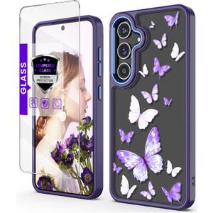 for Galaxy S24 5G Case with Tempered Glass Screen Protector,Samsung S24 5G [Military Grade Protective] Slim Soft TPU & Hard PC,Girls Women Crystal Clear Flower Pattern Cases-Purple Butterfly