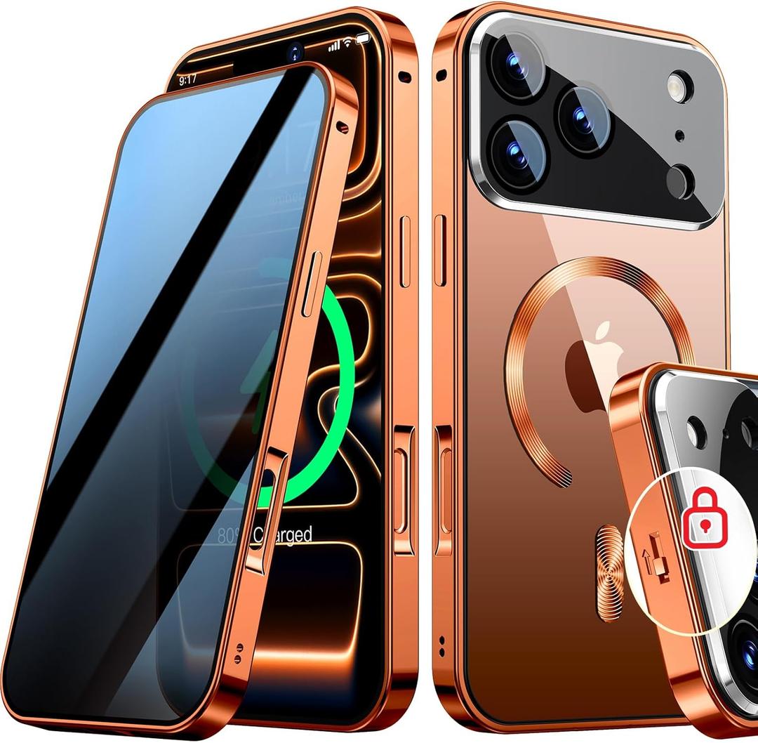 [Full Camera Protection& Mechanical Lock]Magnetic Privacy Case for iPhone 17 Pro Max[Compatible with MagSafe] [CD Metal Ring]Full Body Shockproof Metal Bumper, 9H Anti Peeping Glass Cover-Orange