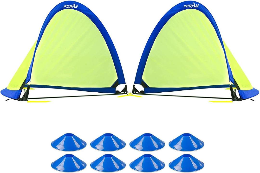 Poray Soccer Goal for Kid Easy-up Set of Two Portable Soccer Net 210D Oxford with 8 Field Marker Cones Extra Stakes Fun for Backyard and Soccer Training (Blue)